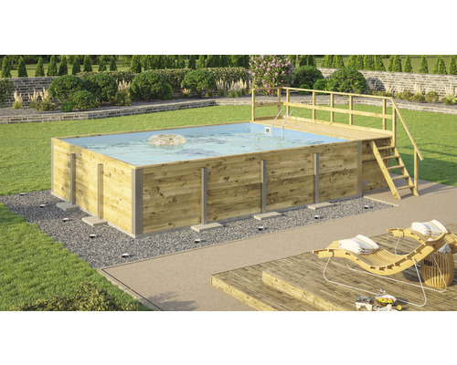 Piscine hors-sol en bois avec échelle dans le jardin