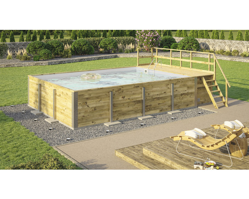 Piscine en bois avec échelle et plateforme dans le jardin
