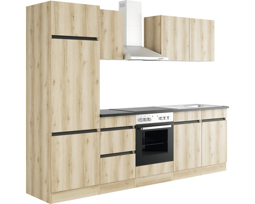 Komplette Küchenzeile mit Schränken, Spüle, Herd und Dunstabzugshaube