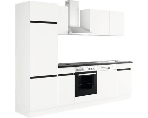 Cuisine équipée avec armoire haute, hotte aspirante, évier et appareils intégrés