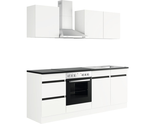 Küchenzeile mit Spüle, Herd, Dunstabzugshaube und Hängeschränken