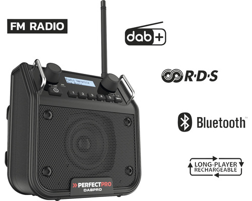 Radio de chantier Perfectpro DABPRO avec FM, DAB plus, RDS, Bluetooth et batterie