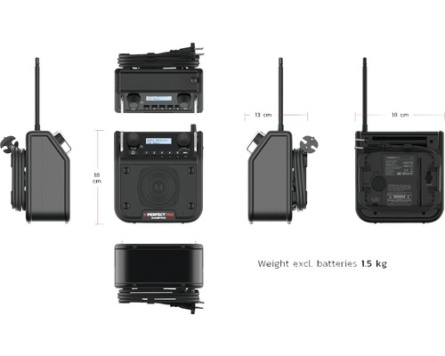 Radio de chantier Perfectpro DABPRO avec des dimensions de 13 x 18 cm et un poids de 1,5 kg sans les piles.