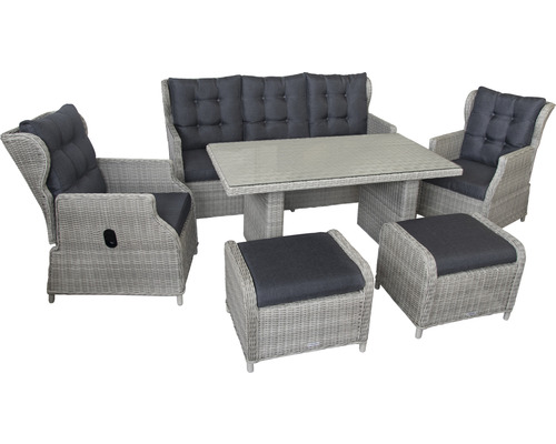 Kit dining ensemble de meubles de jardin set lounge 5 places canapé trois places 180 x 88 x 98 cm, 2 fauteuils, 2 tabourets, table, avec galettes d'assise rotin synthétique aluminium gris Ensemble de meubles de jardin avec table, banc, fauteuils et tabourets
