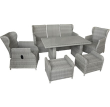 Ensemble de meubles de jardin en rotin avec table, banc, fauteuils et tabourets