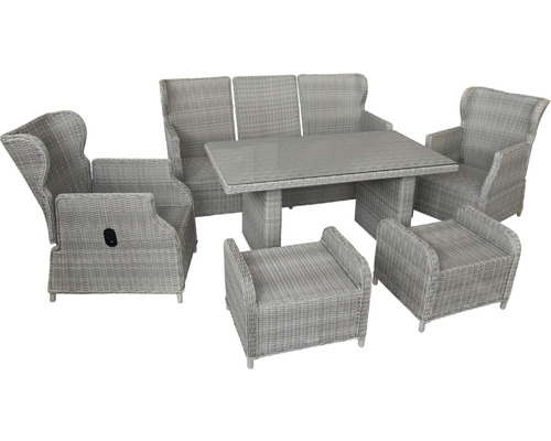 Ensemble de meubles de jardin en rotin avec table, banc, fauteuils et tabourets