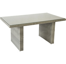 Table de jardin avec plateau en verre et aspect rotin