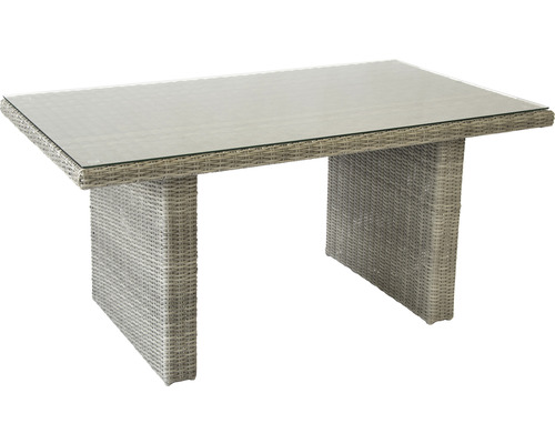 Table de jardin avec plateau en verre et aspect rotin