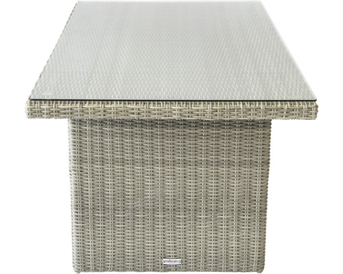 Table de jardin avec plateau en verre et tressage en rotin