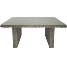 Table de jardin avec plateau en verre et tressage en rotin