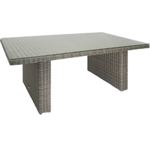 Table de jardin avec plateau en verre et aspect rotin