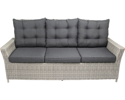 Canapé de jardin trois places avec coussins gris et structure en rotin