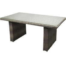 Table de jardin avec plateau en verre et aspect rotin