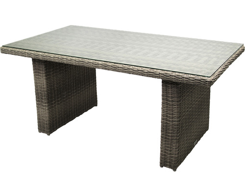 Table de jardin avec plateau en verre et aspect rotin