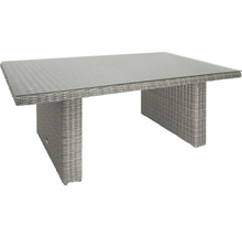 Table de jardin rectangulaire avec plateau en verre et structure en rotin