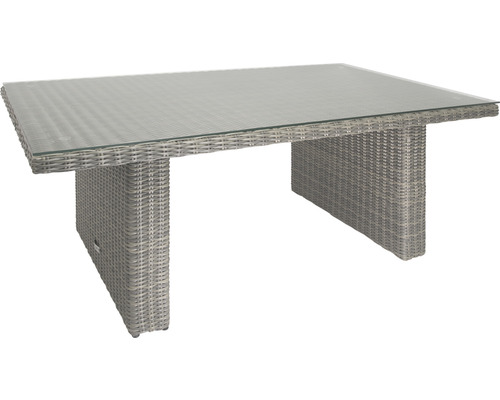 Table de jardin rectangulaire avec plateau en verre et structure en rotin