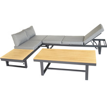 Salon de jardin avec canapé d''angle, chaise longue et deux tables