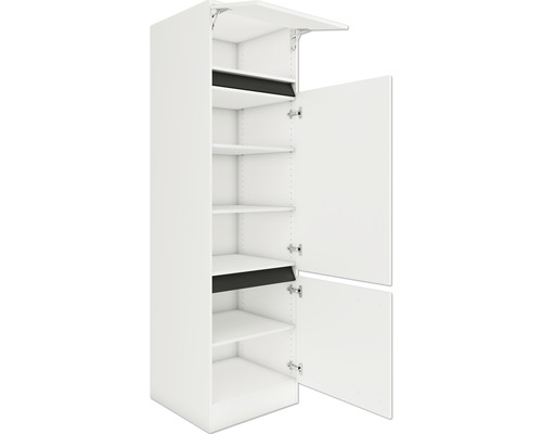 Armoire haute de cuisine blanche avec étagères et portes ouvertes