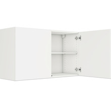Meuble haut blanc avec deux portes ouvertes et une étagère