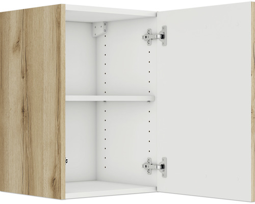 Offener Hängeschrank mit einem Einlegeboden und einer Tür mit Holzdekor
