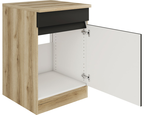 Meuble bas avec un tiroir et une porte ouverte