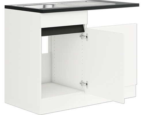 Meuble d'évier Optifit avec évier Cache de lave-vaisselle pour lave-vaisselle partiellement intégré Cache de lave-vaisselle avec plinthe et plan de travail Luca932 lxpxh 50 x 60 x 88 cm blanc mat démonté tirant réversible Meuble bas d''évier de cuisine avec porte ouverte.