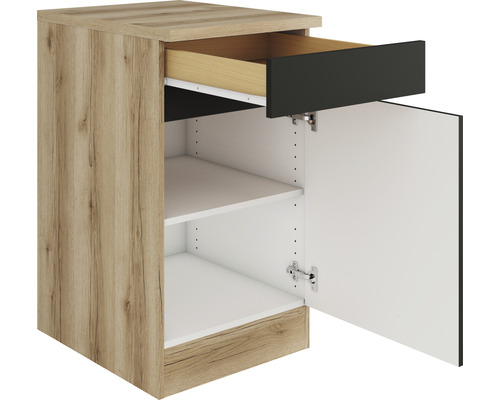 Meuble bas avec tiroir et porte ouverte