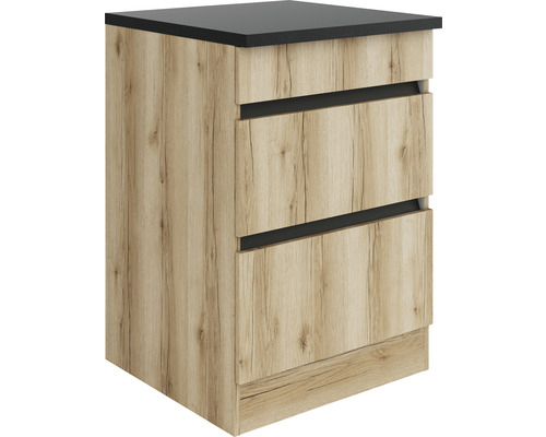 Meuble bas avec deux tiroirs et décor bois