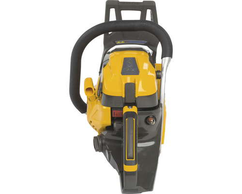 Tronçonneuse jaune vue de derrière