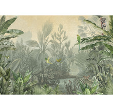 Illustration eines dichten Dschungels mit tropischen Pflanzen, Papageien und einem Lemur