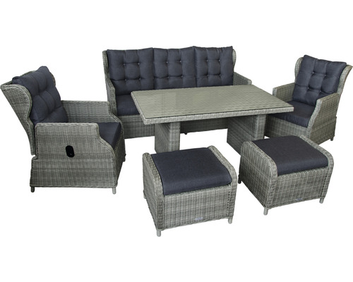 Kit dining ensemble de meubles de jardin set lounge 5 places canapé trois places 180 x 88 x 98 cm, 2 fauteuils, 2 tabourets, table, avec galettes d'assise rotin synthétique aluminium marron Ensemble de meubles de jardin avec table, banc, fauteuils et tabourets en rotin