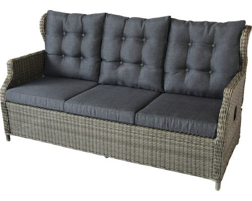 Canapé en rotin gris avec trois sièges et coussins rembourrés