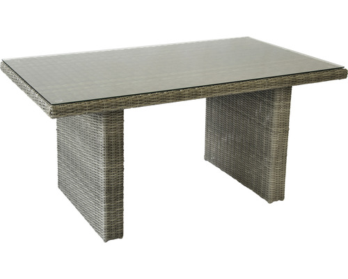 Table de jardin avec plateau en verre et structure en rotin
