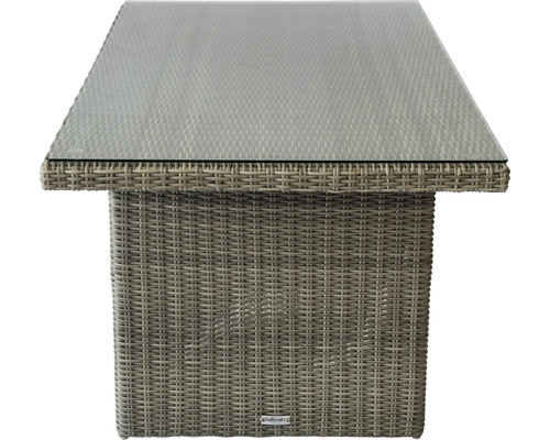 Table de jardin avec plateau en verre et structure en rotin