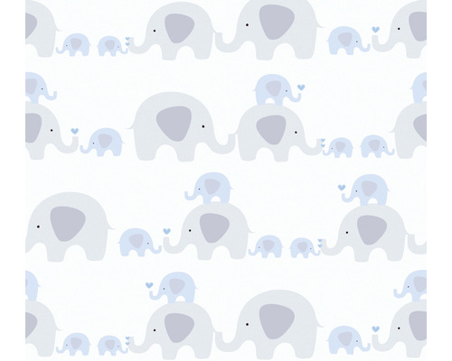 Papier peint intissé 38113-1 Little Love éléphants bleu Motif graphique avec des familles d''éléphants