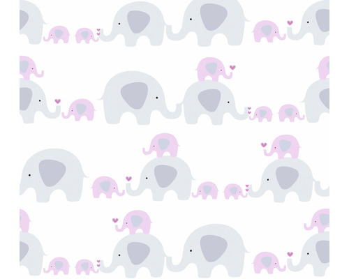 Papier peint intissé 38113-2 Little Love éléphants rose Motif avec familles d''éléphants et coeurs