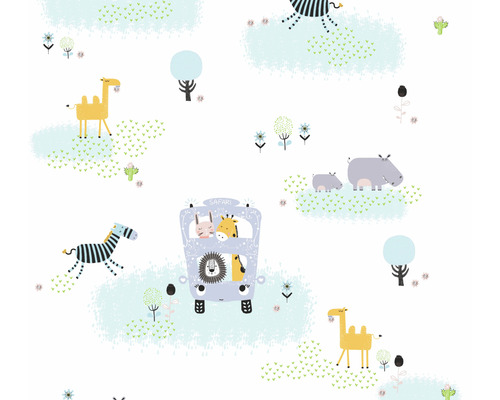 Papier peint intissé 38114-1 Little Love safari bleu jaune Papier peint à motif safari, comprenant des animaux et des véhicules.