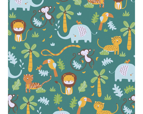 Papier peint intissé 38115-1 Little Love animaux de la jungle bleu jaune Illustration avec des animaux de la jungle et des plantes dans un style de dessin animé