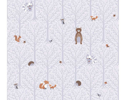 Vliestapete 38119-1 Little Love Waldtiere beige Tapete mit Waldtier-Motiv, einschließlich Bären, Füchse, Eulen, Waschbären, Eichhörnchen und Igel vor Baumkulisse