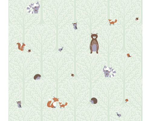 Papier peint intissé 38119-2 Little Love animaux de la forêt vert Papier peint avec des motifs d''animaux forestiers tels que des ours, des renards et des hiboux