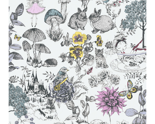 Papier peint intissé 38120-1 Little Love animaux & fées noir blanc Motif avec des illustrations de personnages de contes de fées, d''animaux et de plantes