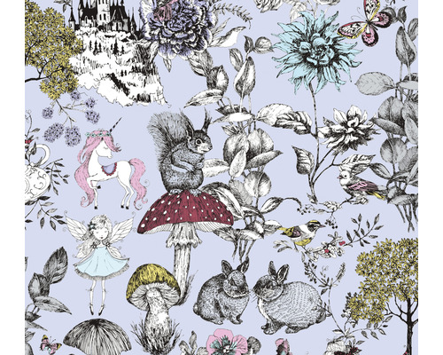 Papier peint intissé 38120-2 Little Love animaux & fées gris Motif avec licorne, écureuil, fée, champignons, lapins et château