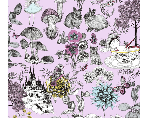 Papier peint intissé 38120-3 Little Love animaux & fées rose Motif avec des illustrations d''animaux de la forêt, de fleurs, de champignons, d''un château et d''une fée