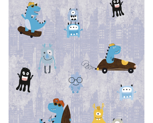 Papier peint intissé 38121-1 Little Love Monstres & Dinos gris bleu Papier peint avec motif de monstres et de ville