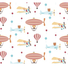 Muster mit Flugzeugen, Luftschiffen, Ballons und Tieren