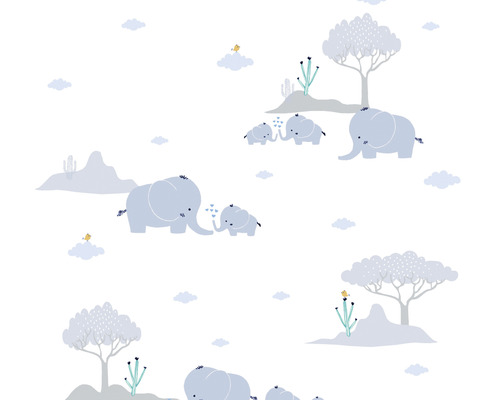 Vliestapete 38128-1 Little Love Elefanten blau grau Tapete mit Elefanten, Bäumen und Wolken Muster für Kinderzimmer