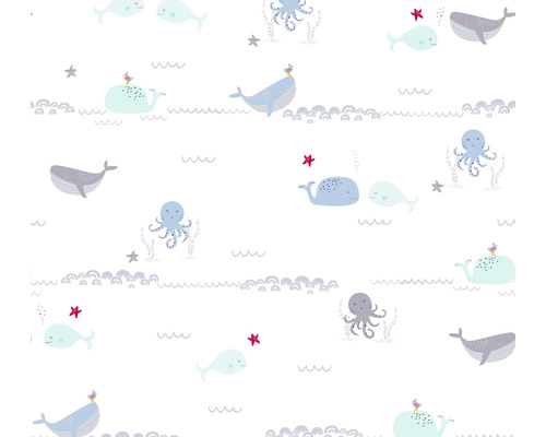 Vliestapete 38130-1 Little Love Meerestiere blau grau Tapete mit Walen, Kraken und Sternen