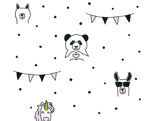 Papier peint intissé 38138-1 Little Love points & animaux noir blanc rose Papier peint avec motif lama, panda, licorne et guirlandes de fanions