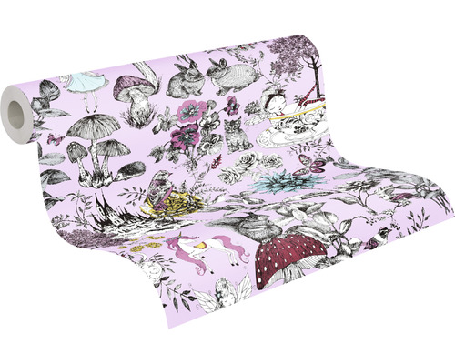 Tapetenrolle mit Märchenmotiven wie Pilzen, Tieren und Figuren