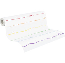 Tapetenrolle mit Linien und Herzmotiven in Regenbogenfarben